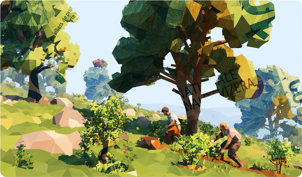 Low-poly illustration of a thriving FutureTree hillside plantation