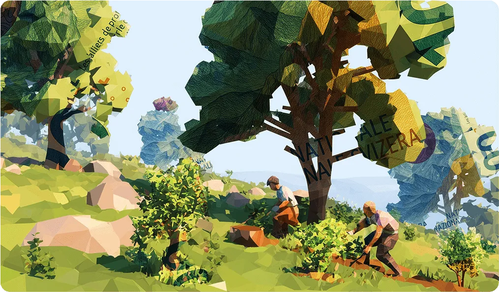 Low-Poly-Illustration einer gedeihenden FutureTree-Hangplantage