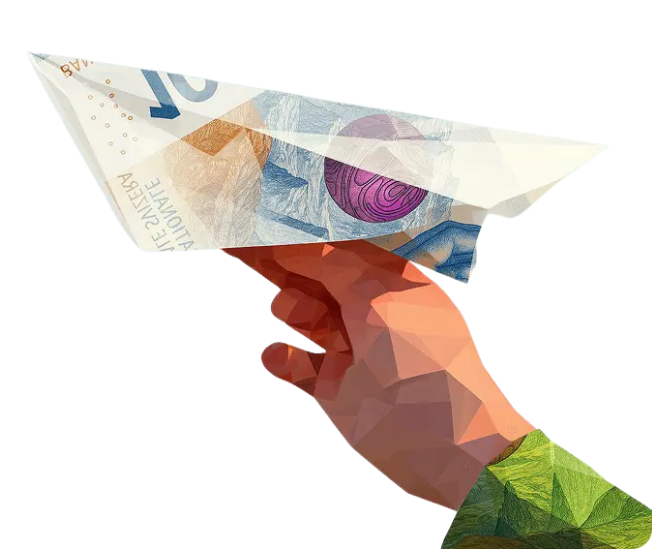 Low-poly hand launching a paper plane folded from a Swiss banknote