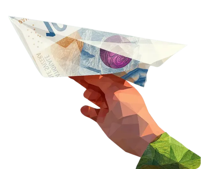 Low-Poly-Hand, die ein aus einer Schweizer Banknote gefaltetes Papierflugzeug startet