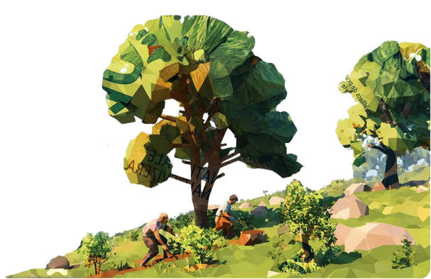 Low-poly Kiri tree with banknote-textured foliage on a hillside, three foresters planting and tending saplings