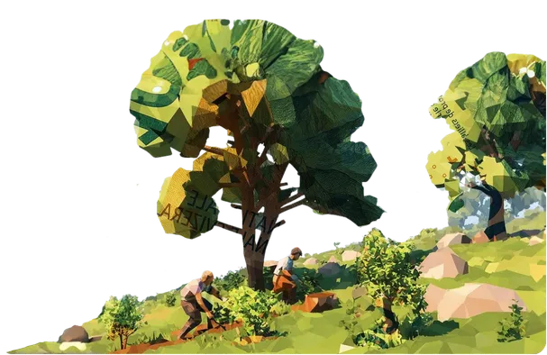 Low-Poly-Kiri-Baum mit banknotengemusterter Krone an einem Hang, drei Forstarbeiter pflanzen und pflegen Setzlinge